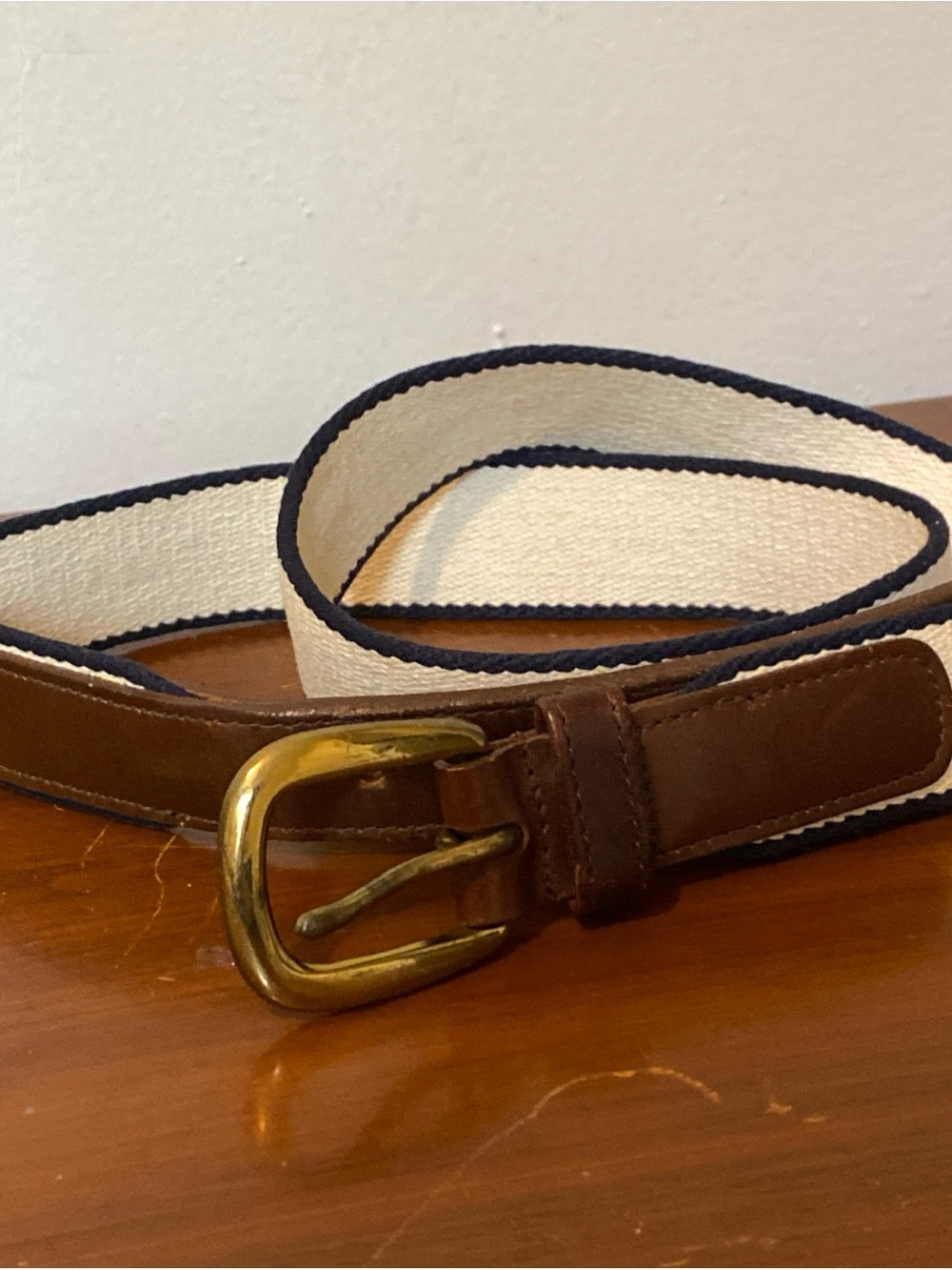 Dooney & Bourke Brown Leather and Cream Canvas Men's Belt with Navy Trim